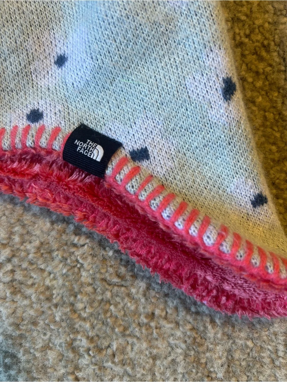 The North Face Light Blue Knit Kids Pom Beanie with Pink Trim